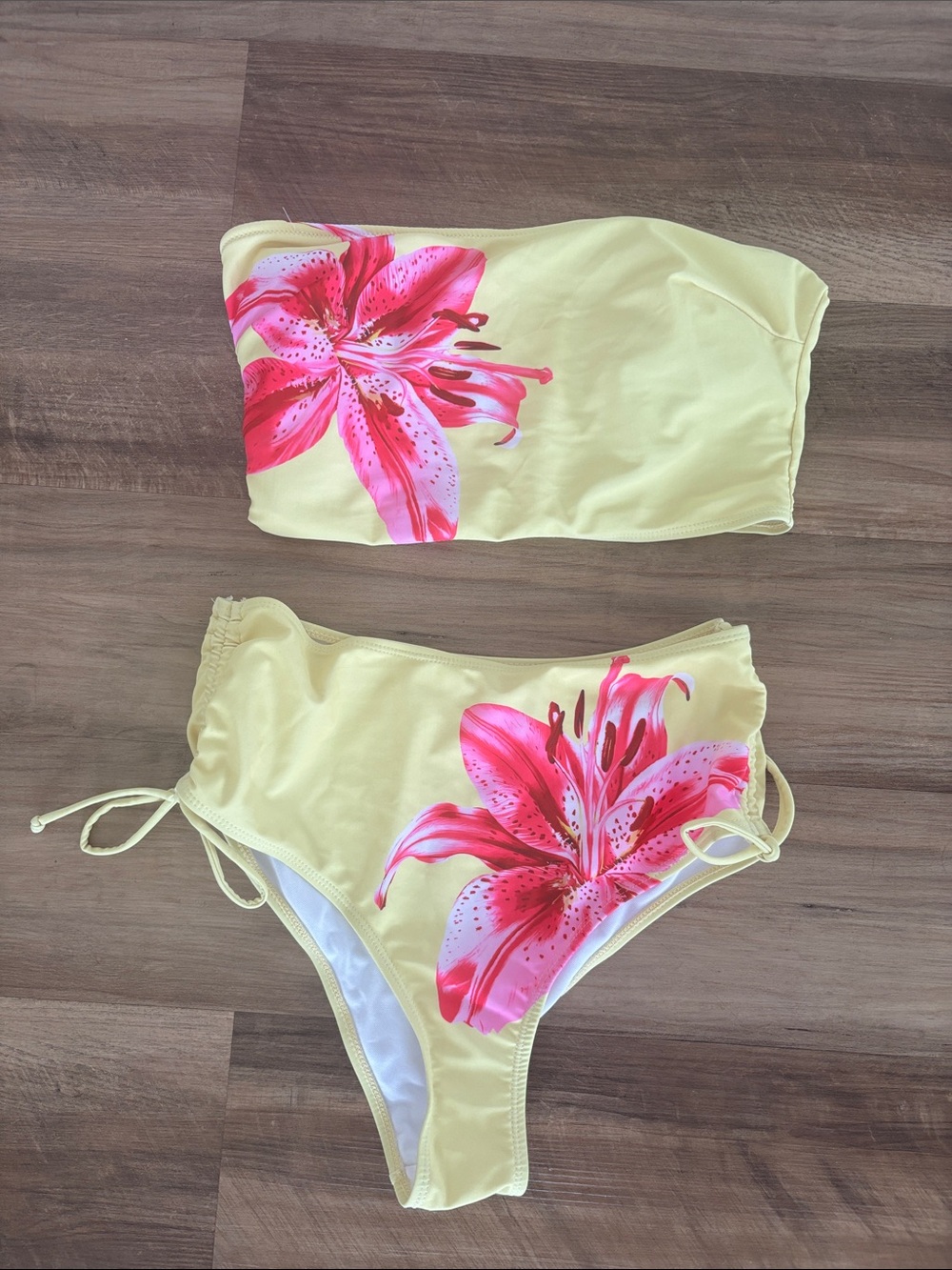 Women’s Yellow Bandeau Bikini Set with Pink Floral Print